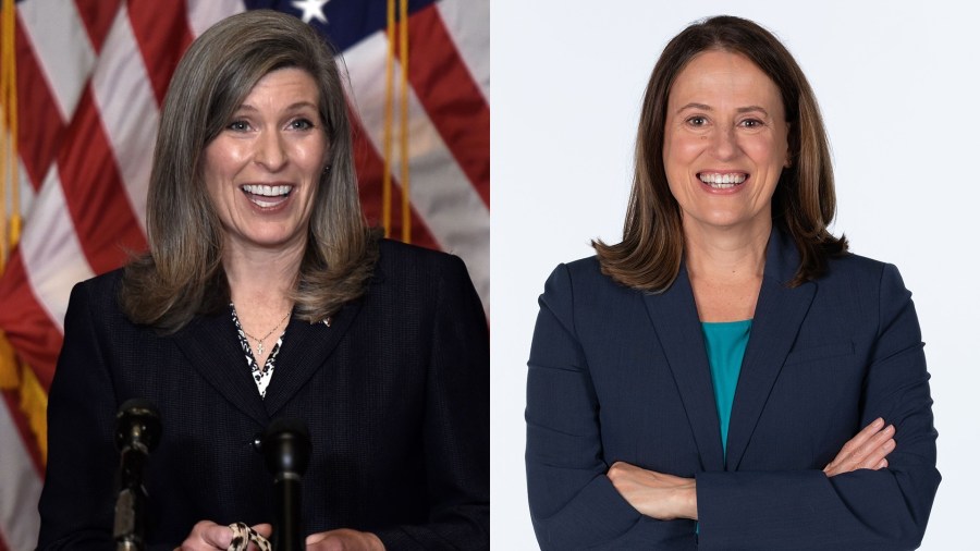 Sen. Joni Ernst, R-Iowa, left; U.S. Senate candidate Theresa Greenfield, D-Iowa, right. (Getty Images/AP Photos)