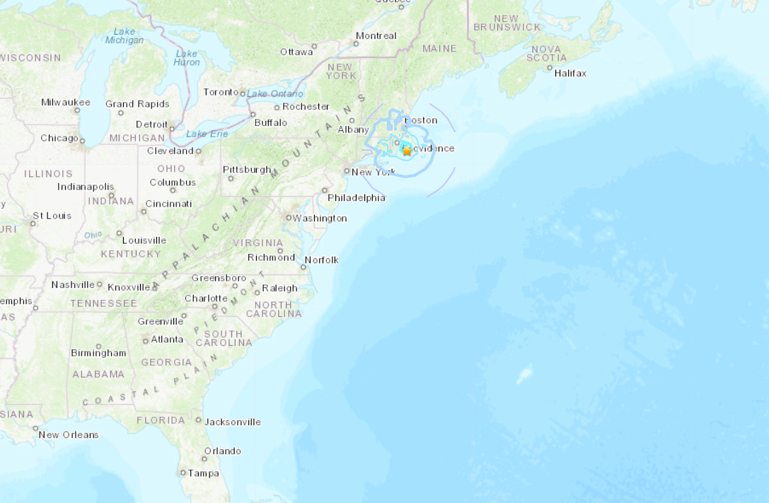 A map from the U.S. Geological Survey shows where an earthquake hit in Massachusetts on Nov. 8, 2020.