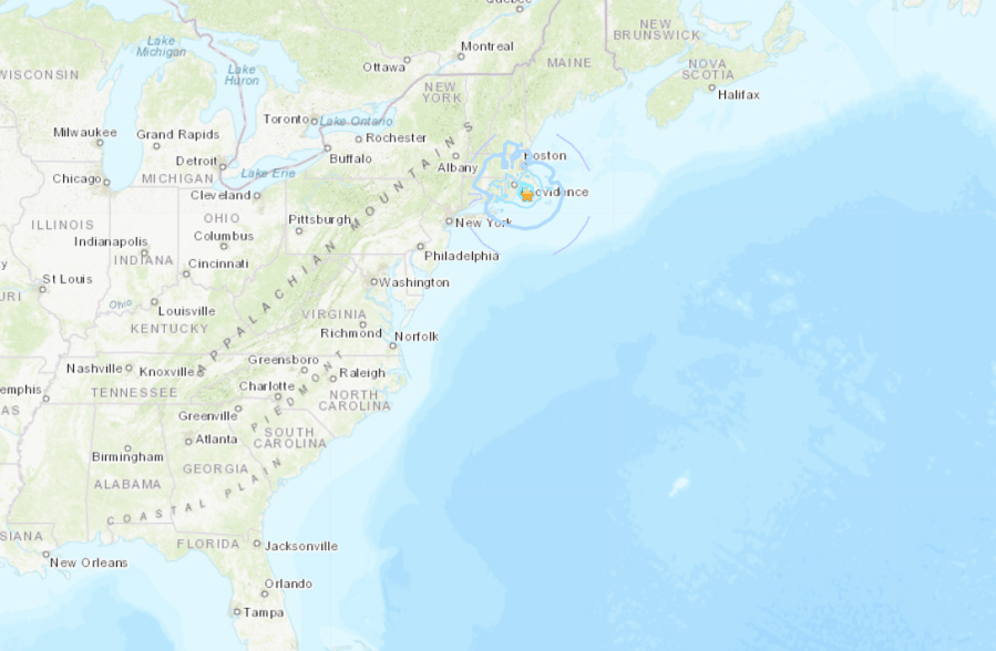 A map from the U.S. Geological Survey shows where an earthquake hit in Massachusetts on Nov. 8, 2020.