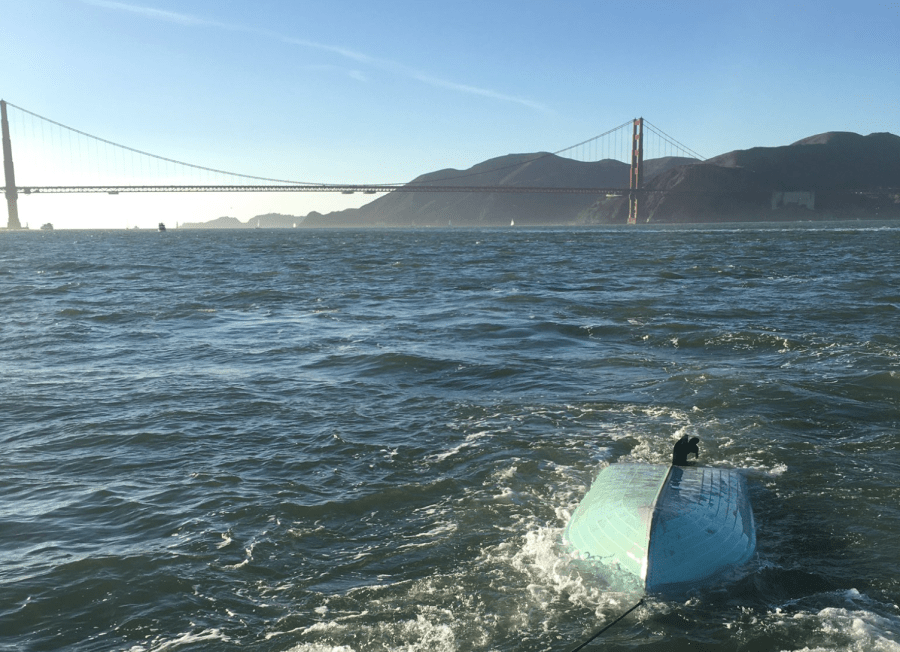 A 12-foot aluminum boat that capsized west of Alcatraz on Nov. 15, 2020. (SFPD/Twitter)