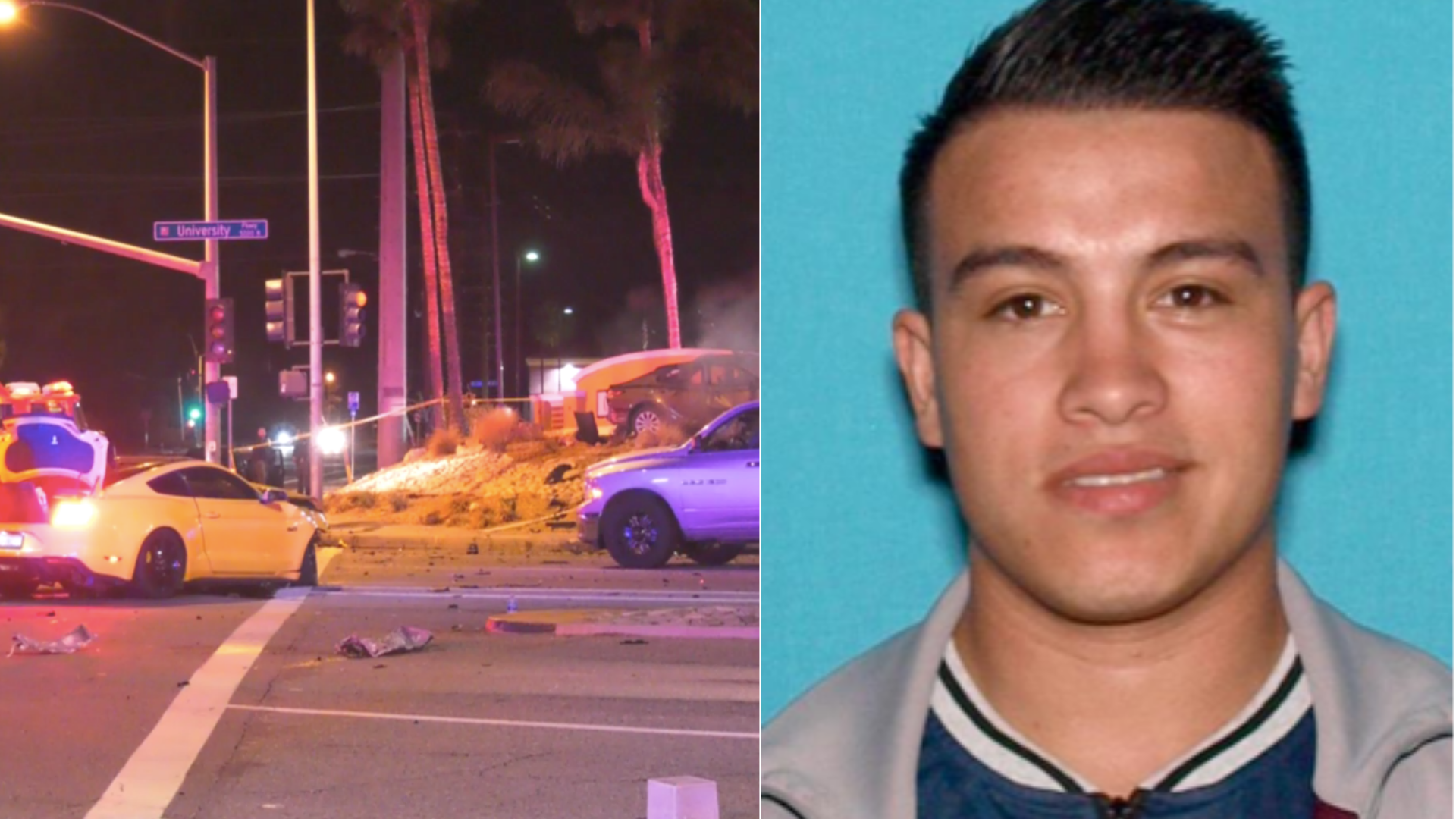 This combination photo shows the aftermath of a deadly crash in San Bernardino on Nov. 27, 2020, and an image of Brandon Alan Jaquez-Perez. (Onscene.tv/San Bernardino Police Department)