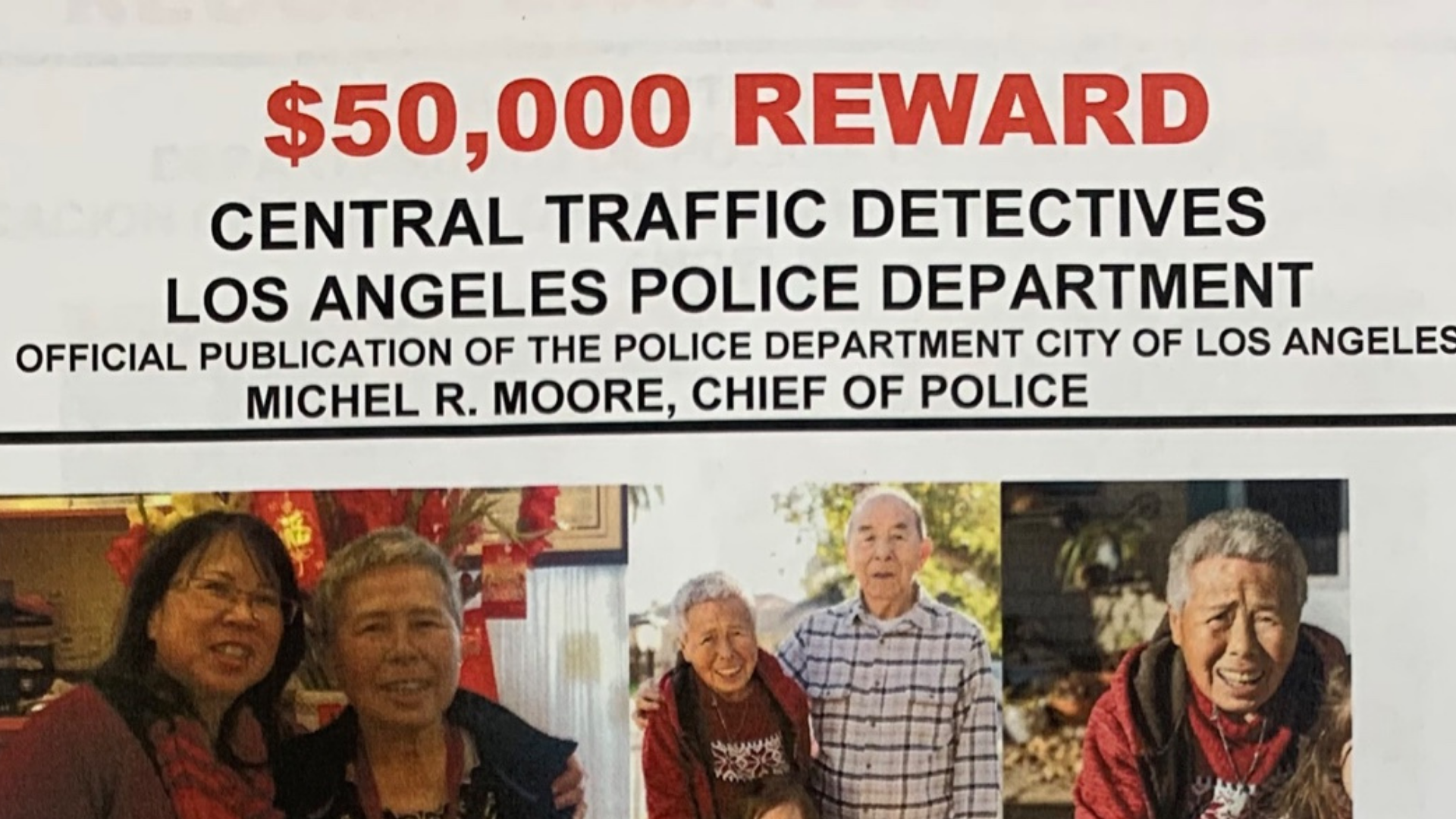 LAPD released this poster showing photos of Kuen Ham and announcing a $50,000 reward for information in the search for the driver who fatally struck her in Westlake on Nov. 23, 2020.