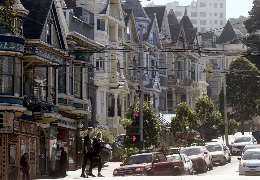 Pedestrians wear masks as they walk along Haight Street in San Francisco in October. (Luis Sinco / Los Angeles Times)