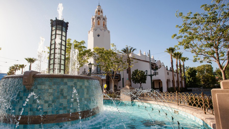 Carthay Circle Lounge is seen just beyond a fountain in Disney California Adventure theme park. (Disneyland Resort)