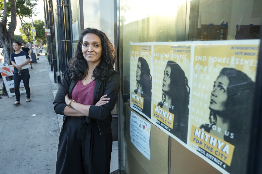 Nithya Raman, shown earlier this year, appears close to unseating incumbent David Ryu on the Los Angeles City Council.(Los Angeles Times)