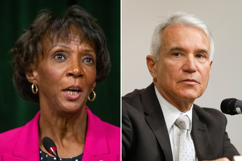 Los Angeles County Dist. Atty. Jackie Lacey is facing George Gascon in the November election.(Allen J. Schaben / Los Angeles Times; Carolyn Cole / Los Angeles Times)