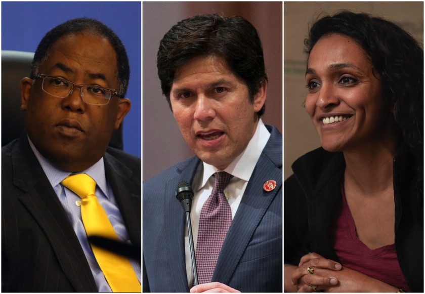 Mark Ridley-Thomas, Kevin de León and Nithya Raman appear in undated photos. (Los Angeles Times)