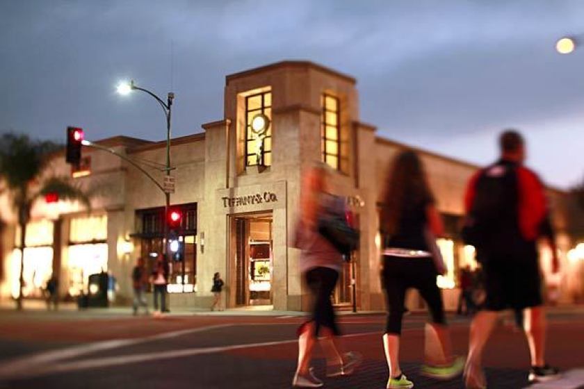 Tiffany & Co. sits along Colorado Boulevard in Old Pasadena. A man accused of driving his truck through a crowd of protesters in the area in May and charged with conspiring to violate firearms laws has been released on bond.(Jay L. Clendenin / Los Angeles Times)