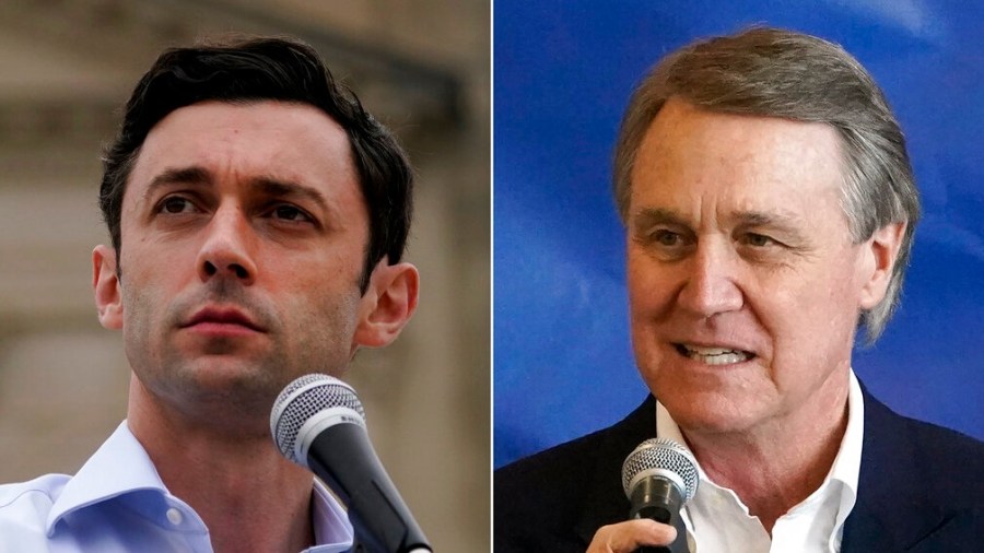 This combination of photos shows Democratic candidate for Senate Jon Ossoff, left, on Nov. 10, 2020, and Republican candidate for Senate Sen. David Perdue on Nov. 2, 2020, in Atlanta. The two are in a runoff election for the Senate seat. (AP Photo/John Bazemore)