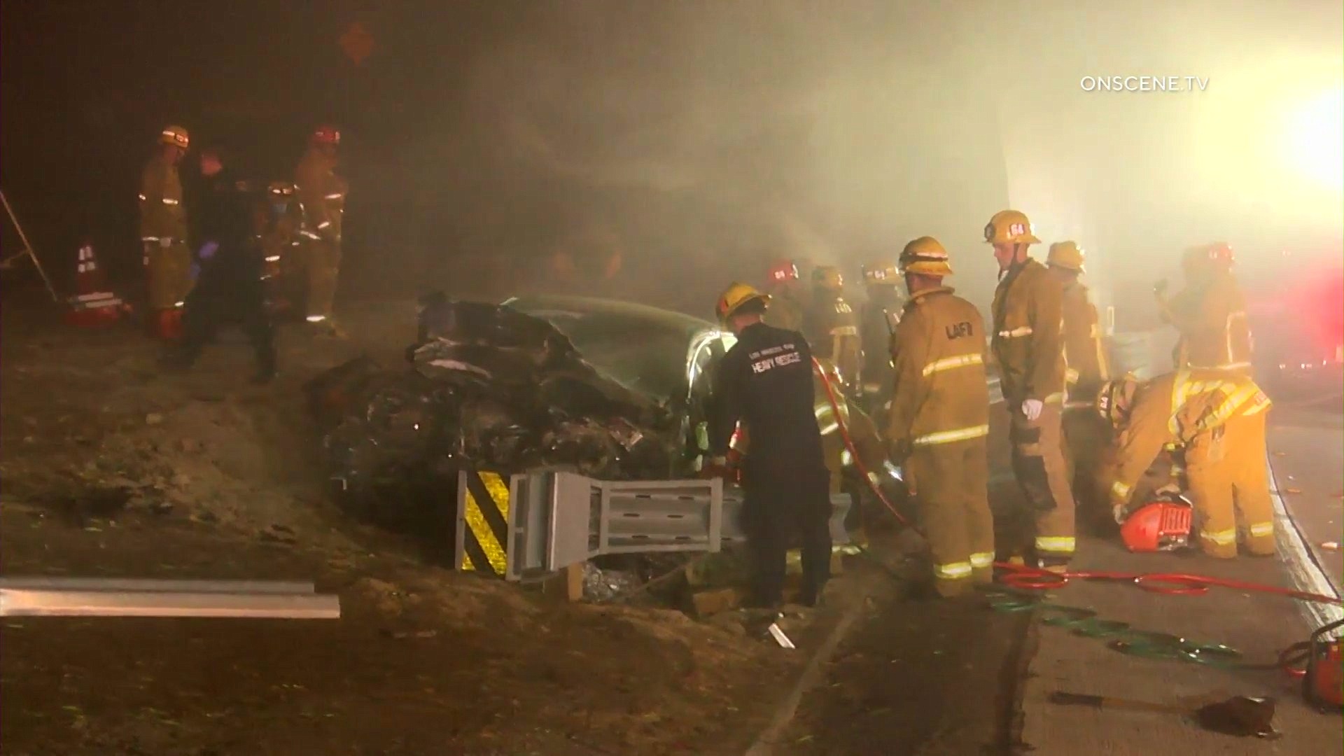 Emergency crews respond to a fatal crash on the 110 Freeway in South Los Angeles on Nov. 23, 2020. (OnScene.TV)