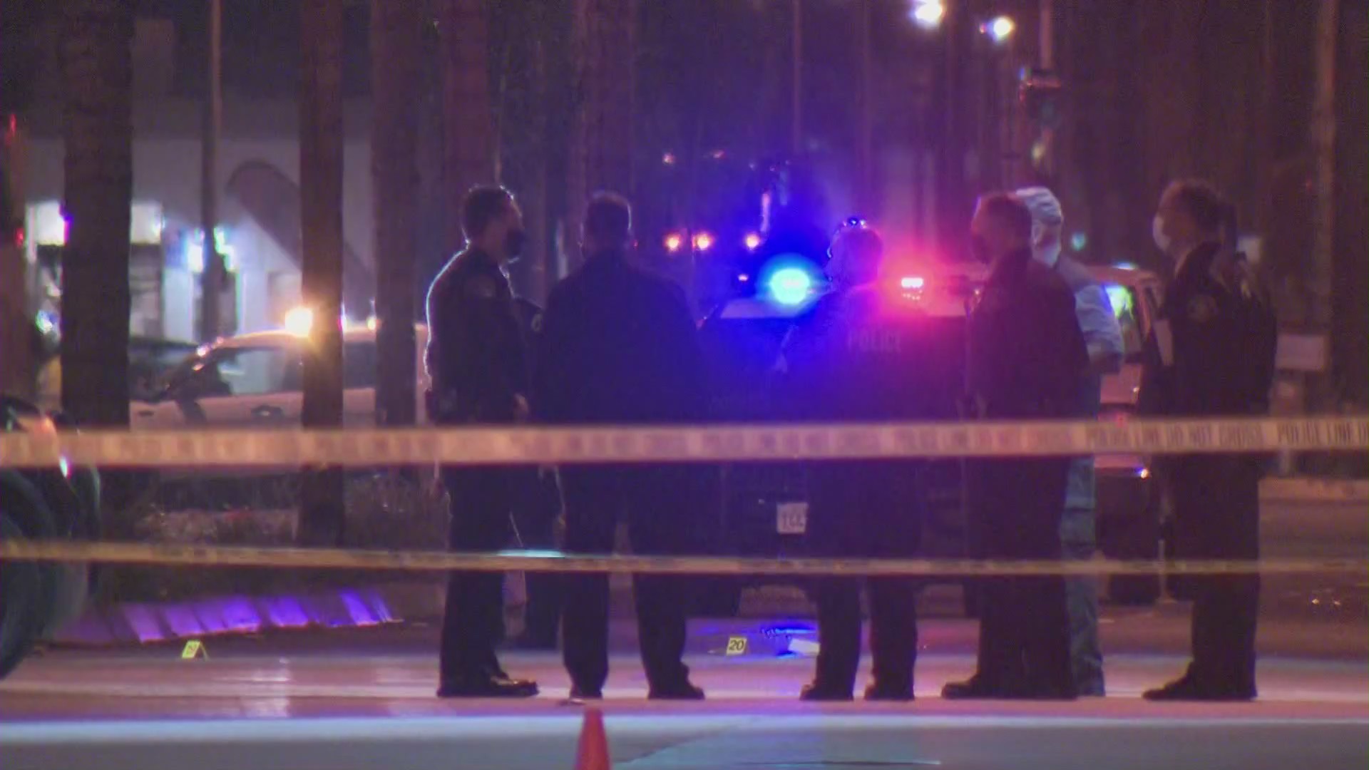 Authorities respond to investigate a deadly police shooting that following a fatal stabbing in Santa Fe Springs on Nov. 9, 2020. (KTLA)