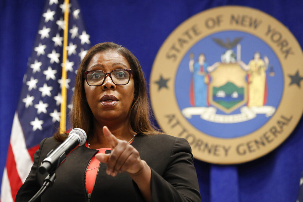 In this Aug. 6, 2020 file photo, New York State Attorney General Letitia James takes a question at a news conference in New York. (AP Photo/Kathy Willens, File)