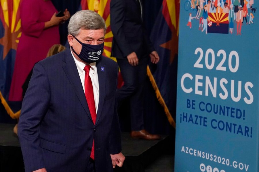 U.S. Census Director Steven Dillingham departs a census news conference to urge Arizonans to participate in the nation's once-a-decade population count Thursday, Sept. 17, 2020, in Phoenix. (AP Photo/Ross D. Franklin, Pool)