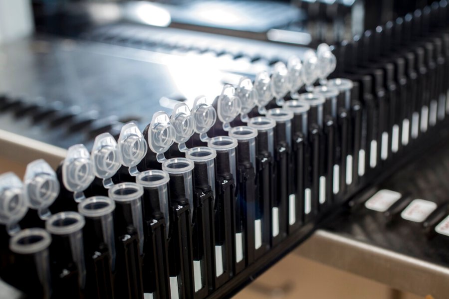 This Wednesday, July 22, 2020, photo provided by C2N Diagnostics shows equipment in a lab that analyzes blood samples at the company's facility in the Center for Emerging Technologies in St. Louis. (Jerry Naunheim Jr./C2N Diagnostics via AP)