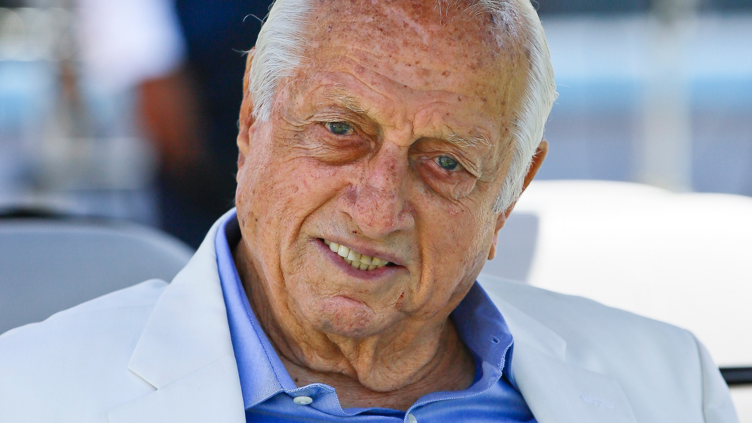 Los Angeles Dodgers former manager and Hall of Famer Tommy Lasorda attends a news conference where Baseball Commissioner Rob Manfred announced that Dodger Stadium will host the All-Star Game in 2020, in Los Angeles, in this Wednesday, April 11, 2018, file photo. The Dodgers said Sunday, Nov. 15, 2020, that their 93-year-old former manager was in intensive care and resting comfortably at a hospital in Orange County, Calif. (AP Photo/Damian Dovarganes)