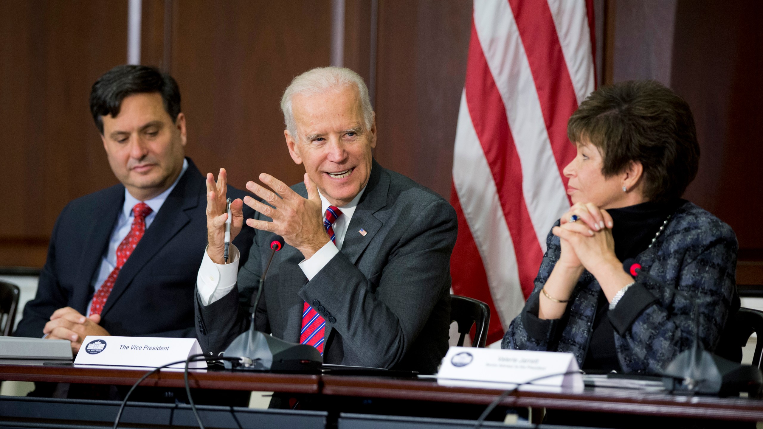 In this Nov. 13, 2014, file photo Vice President Joe Biden, with Ebola Response Coordinator Ron Klain, left, and White House Senior Adviser Valerie Jarrett, meets with faith and humanitarian groups as part of the administration's response to Ebola in the Eisenhower Executive Office Building on the White House compound in Washington. (Manuel Balce Ceneta/AP Photo)