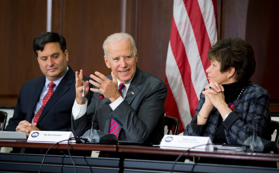 In this Nov. 13, 2014, file photo Vice President Joe Biden, with Ebola Response Coordinator Ron Klain, left, and White House Senior Adviser Valerie Jarrett, meets with faith and humanitarian groups as part of the administration's response to Ebola in the Eisenhower Executive Office Building on the White House compound in Washington. (Manuel Balce Ceneta/AP Photo)