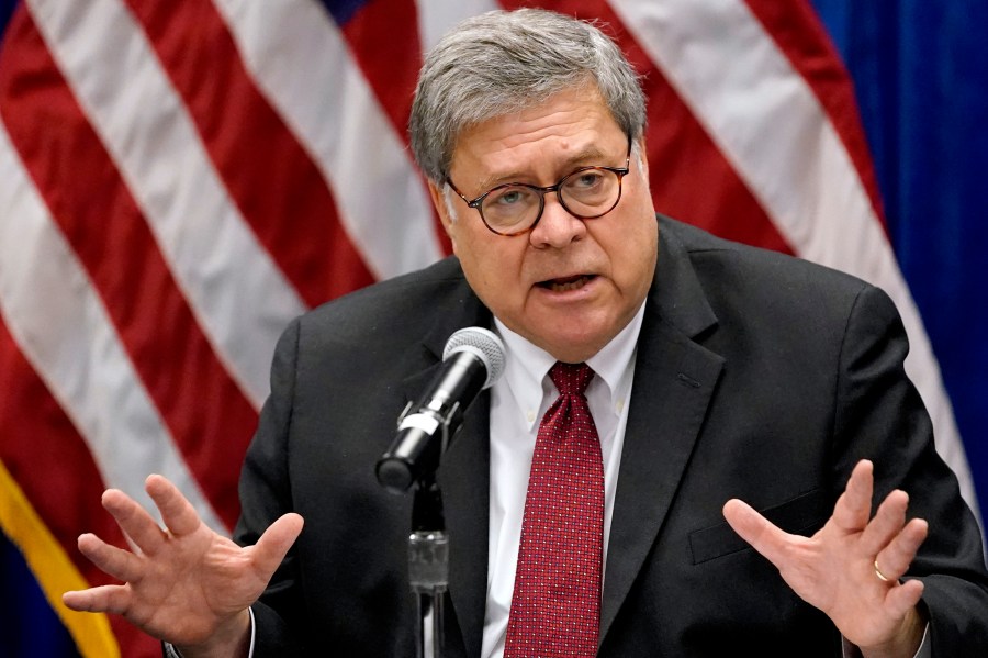 Attorney General William Barr speaks during a roundtable discussion on Operation Legend, a federal program to help cities combat violent crime, in St. Louis on Oct. 15, 2020. (Jeff Roberson / Associated Press)