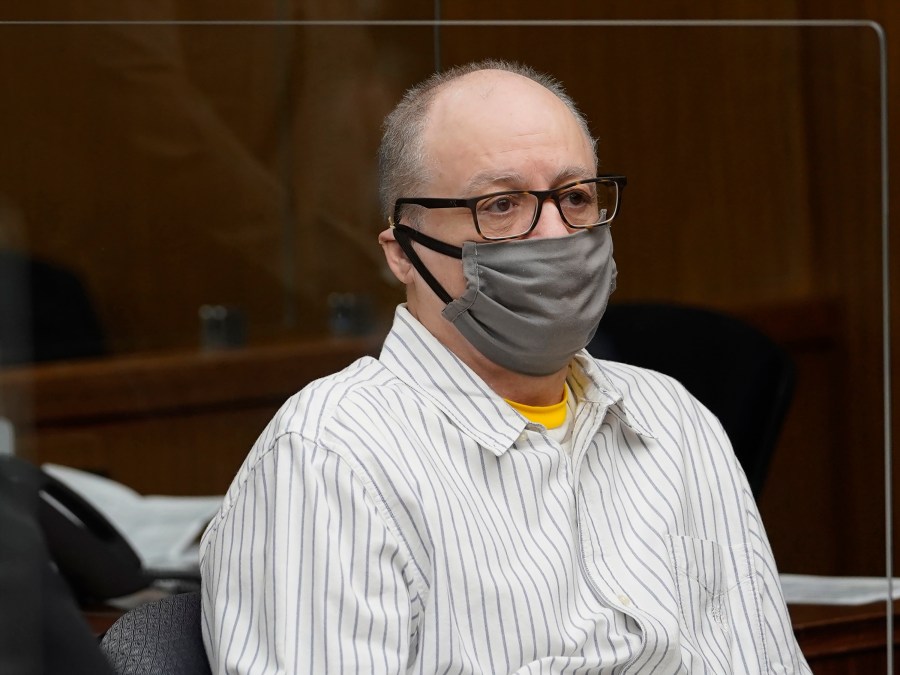 This Oct. 16, 2020, file photo shows Kenneth Earl Gay, who was previously convicted of killing a Los Angeles police officer, during a retrial hearing at the Los Angeles Superior Court in San Fernando Courthouse. (AP Photo/Damian Dovarganes, File)