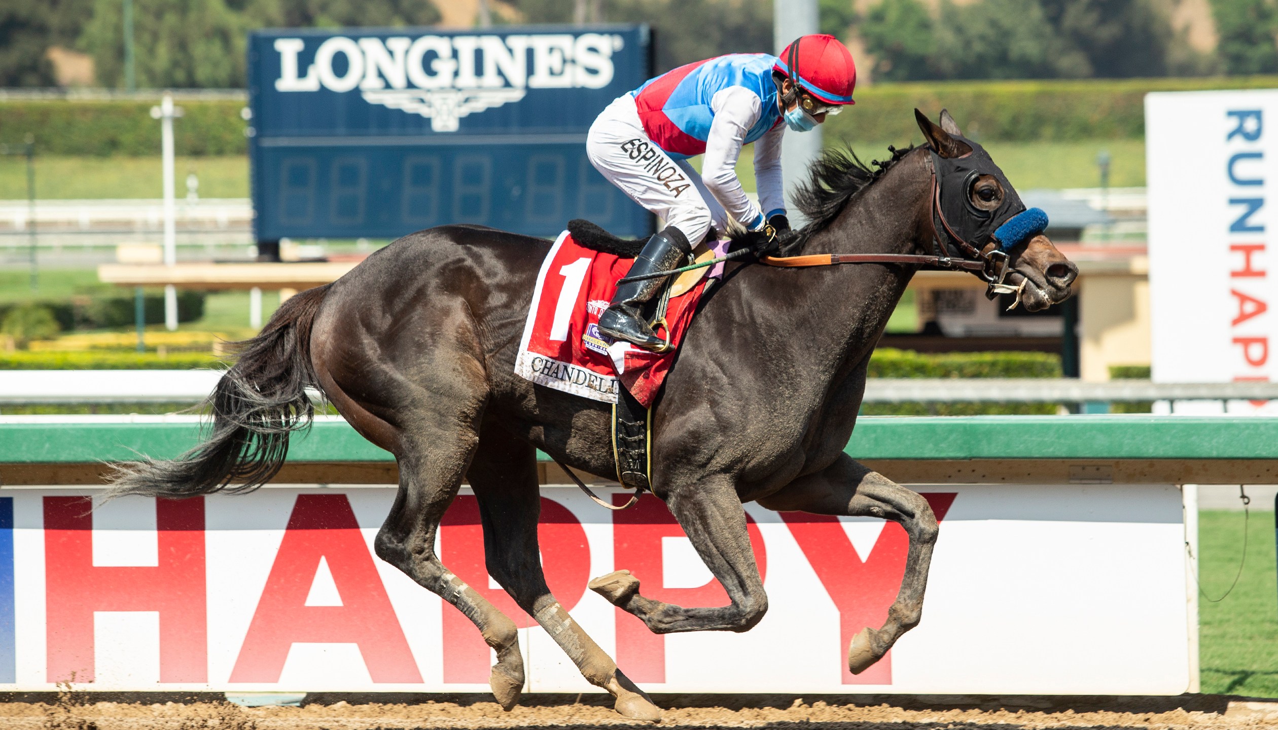 This Sept. 26, 2020, file photo provided by Benoit Photo, Princess Noor and jockey Victor Espinoza are seen winning the Grade II, $200,000 Chandelier Stakes, at Santa Anita Park in Arcadia, Calif. (Benoit Photo via AP)