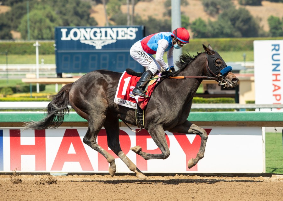 This Sept. 26, 2020, file photo provided by Benoit Photo, Princess Noor and jockey Victor Espinoza are seen winning the Grade II, $200,000 Chandelier Stakes, at Santa Anita Park in Arcadia, Calif. (Benoit Photo via AP)