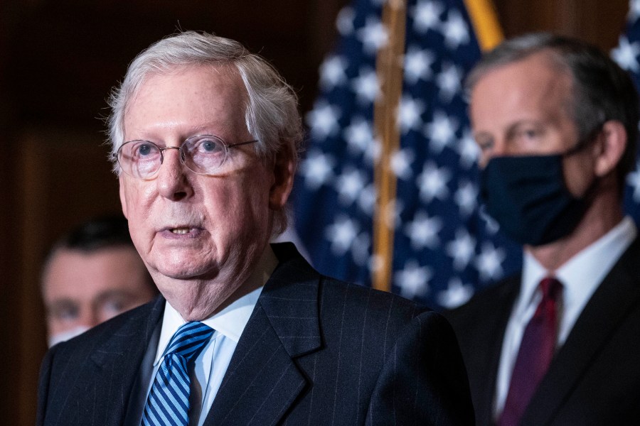 Senate Majority Leader Mitch McConnell of Kentucky speaks during a news conference following a weekly meeting with the Senate Republican caucus on Dec. 8. 2020, at the Capitol in Washington. (Sarah Silbiger / Associated Press)