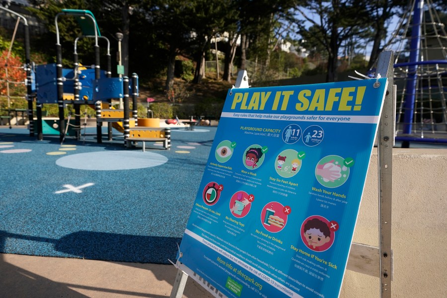 A sign is posted at Sunnyside Playground during the coronavirus outbreak in San Francisco, Wednesday, Dec. 9, 2020. California changed its rules overnight Wednesday to allow outdoors playgrounds to stay open in regions under strict stay-home orders. San Francisco Mayor London Breed applauded the change and said city playgrounds would reopen Thursday after shutting down earlier this week. (AP Photo/Jeff Chiu)