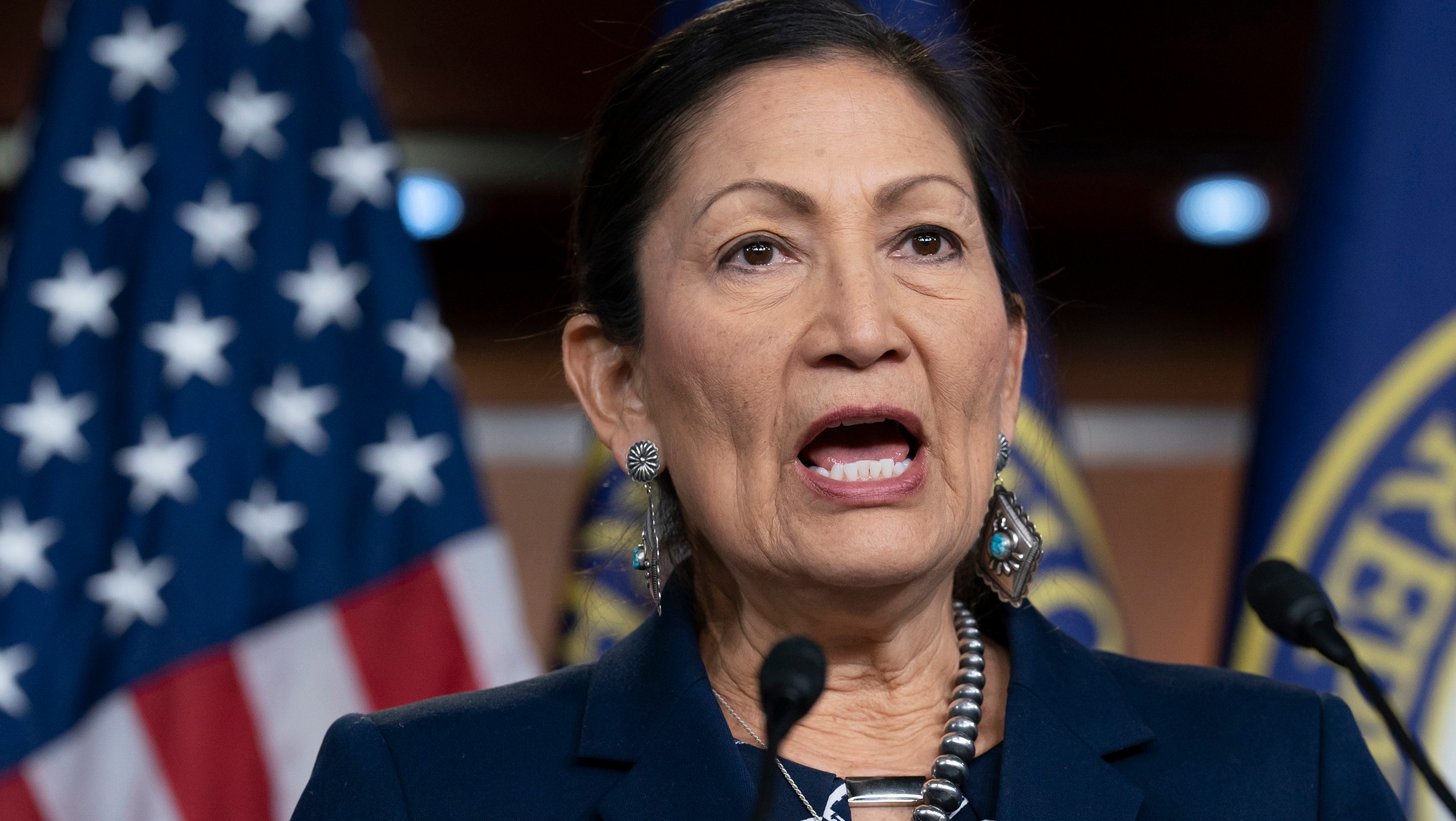 In this March 5, 2020, file photo Rep. Deb Haaland, D-N.M., Native American Caucus co-chair, speaks to reporters about the 2020 Census on Capitol Hill in Washington. (AP Photo/J. Scott Applewhite, File)