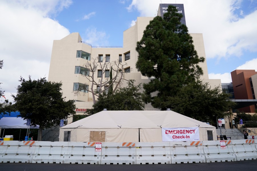 Medical tents are set up outside the emergency room at UCI Medical Center Thursday, Dec. 17, 2020, in Irvine, Calif. (Ashley Landis/AP Photo)