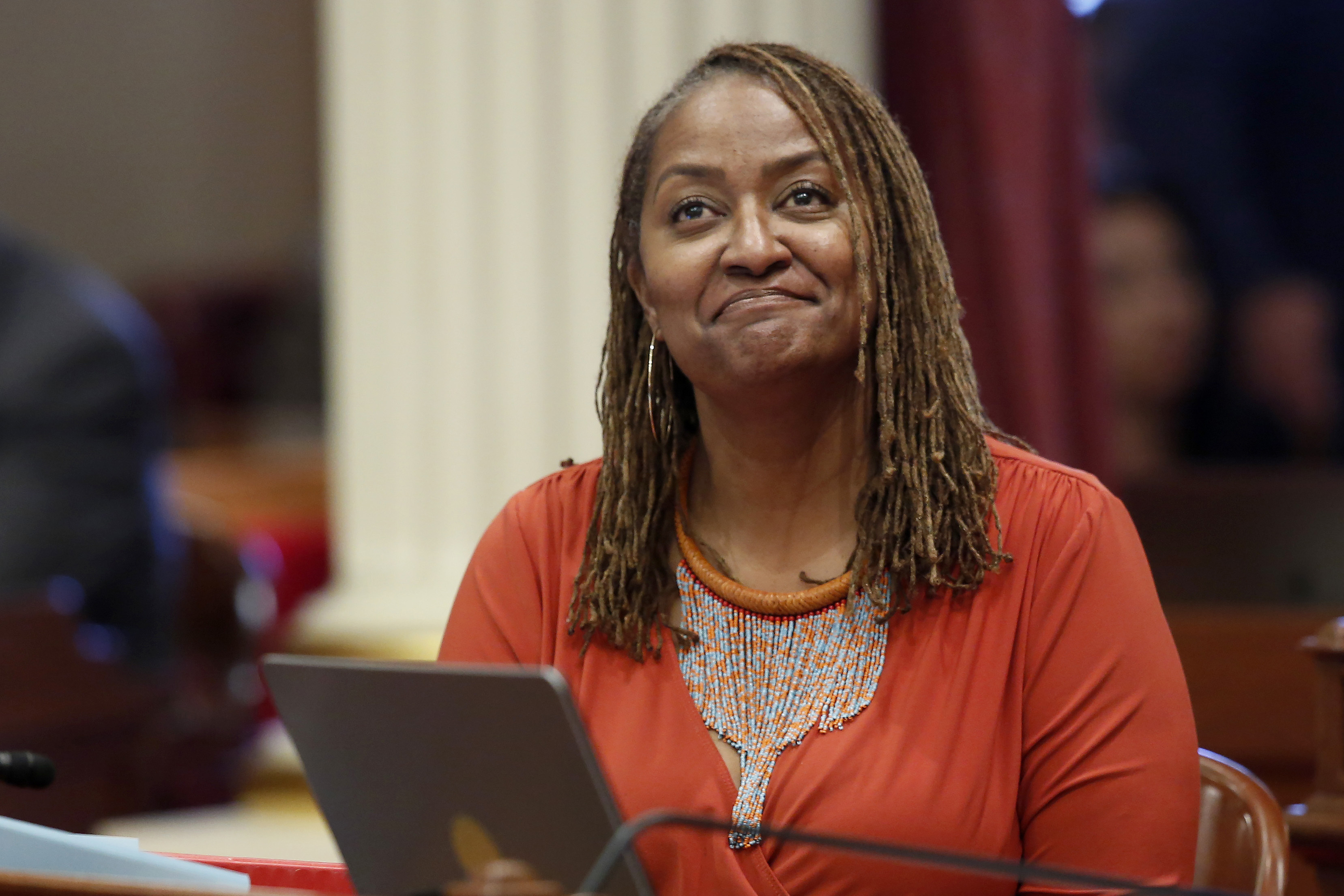 In this July 8, 2019 file photo, state Sen. Holly Mitchell, D-Los Angeles, reacts in the Senate chamber in Sacramento, Calif. (Rich Pedroncelli/AP Photo)