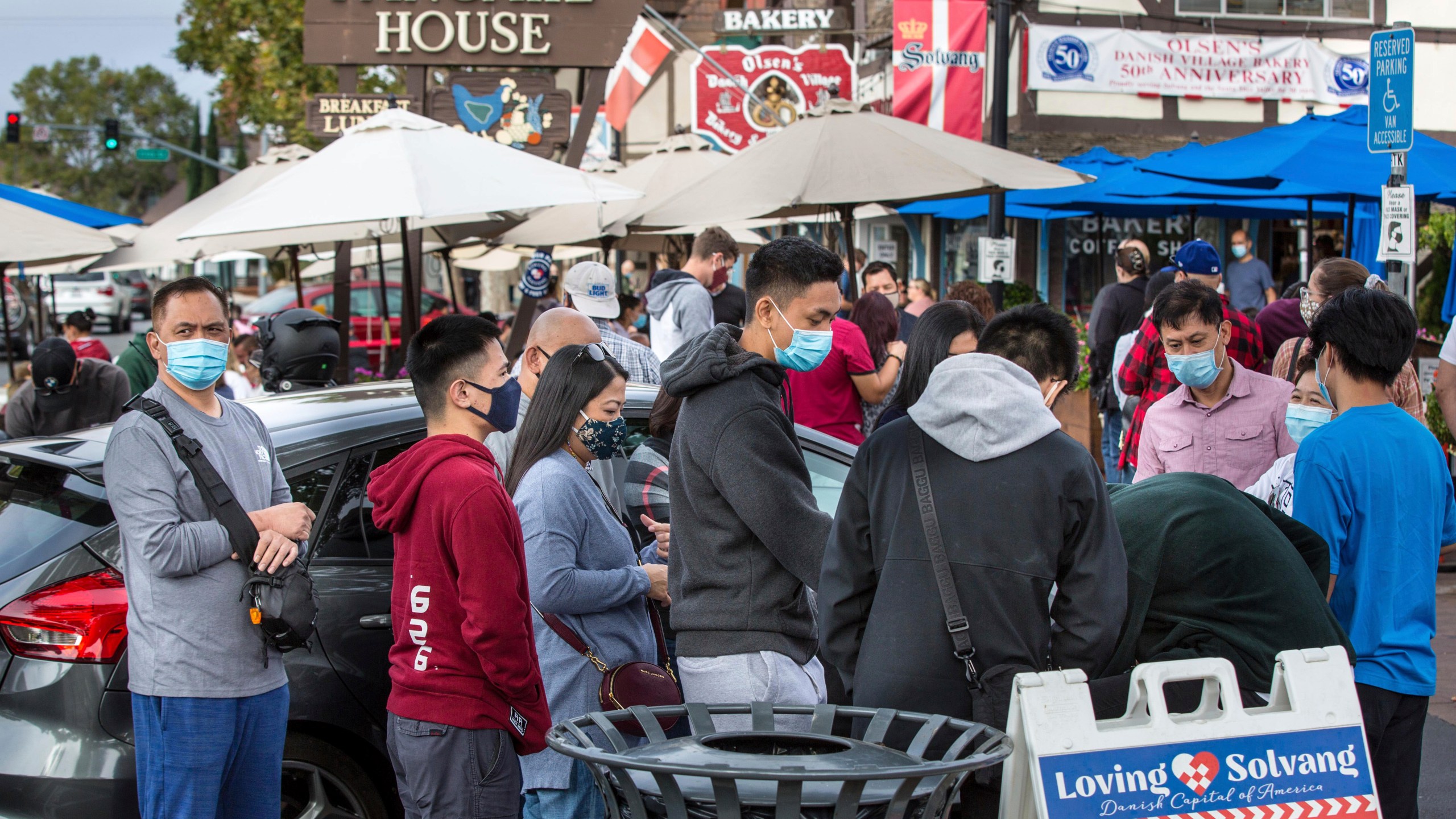 Patrons at the popular Paula's Pancake House on Hwy 246 in Solvang enjoy new outside seating arrangements brought about by COVID-19 on Oct. 10, 2020. (George Rose / Santa Ynez Valley Star via Associated Press)