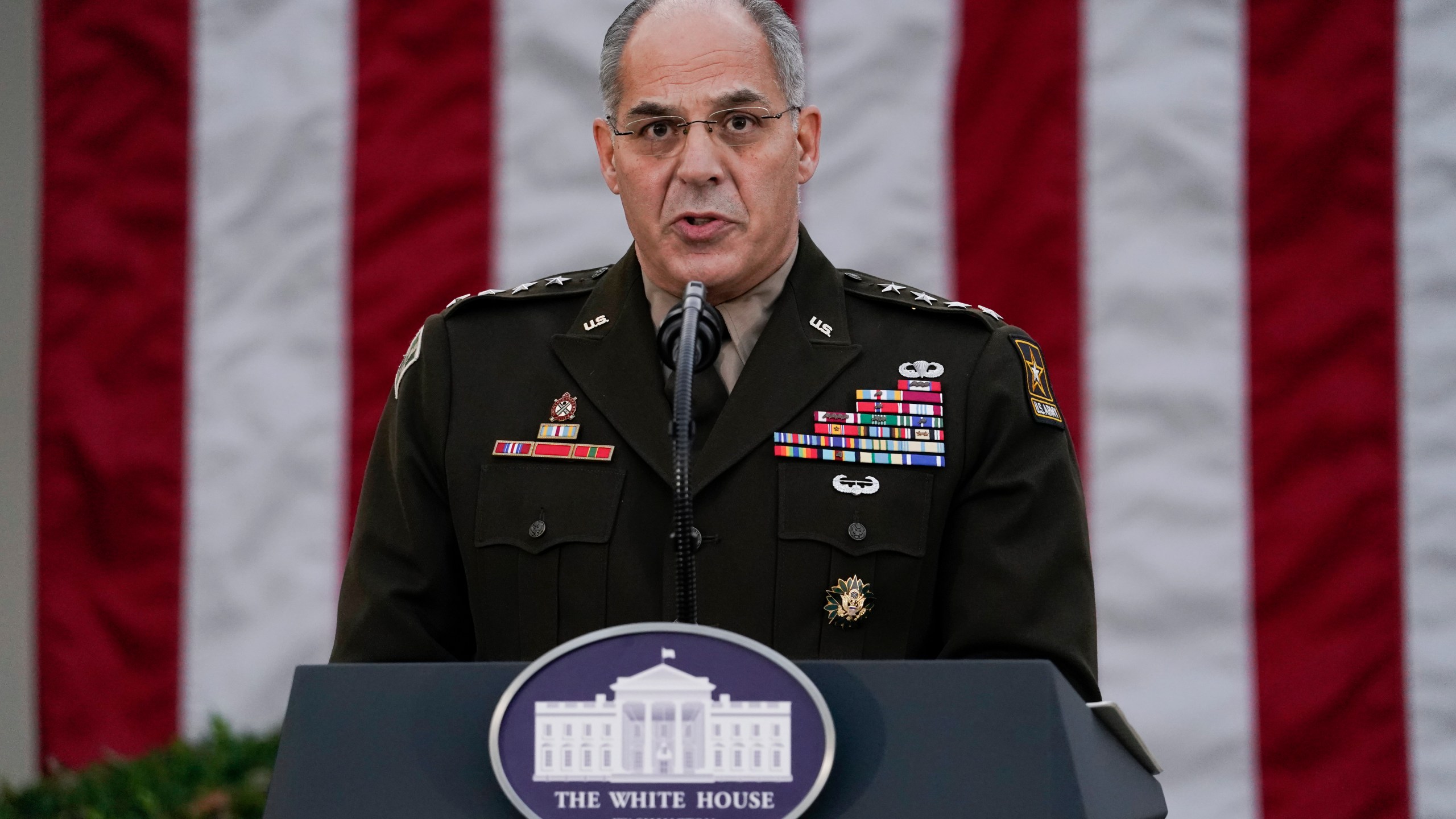 In this Nov. 13, 2020, file photo Army Gen. Gustave Perna, who is leading Operation Warp Speed, speaks during at an event in the Rose Garden of the White House in Washington. (Evan Vucci/AP Photo)