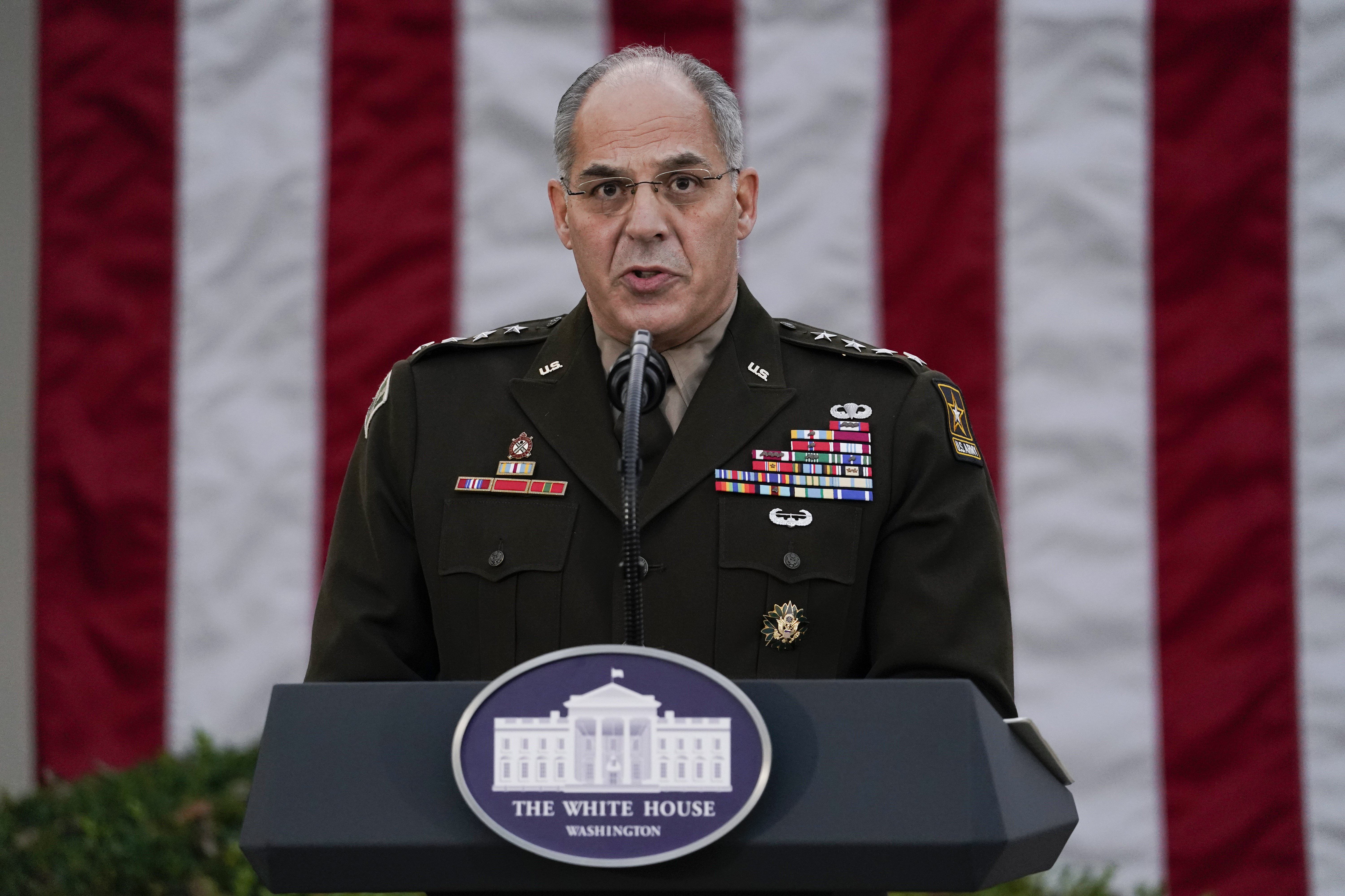 In this Nov. 13, 2020, file photo Army Gen. Gustave Perna, who is leading Operation Warp Speed, speaks during at an event in the Rose Garden of the White House in Washington. (Evan Vucci/AP Photo)