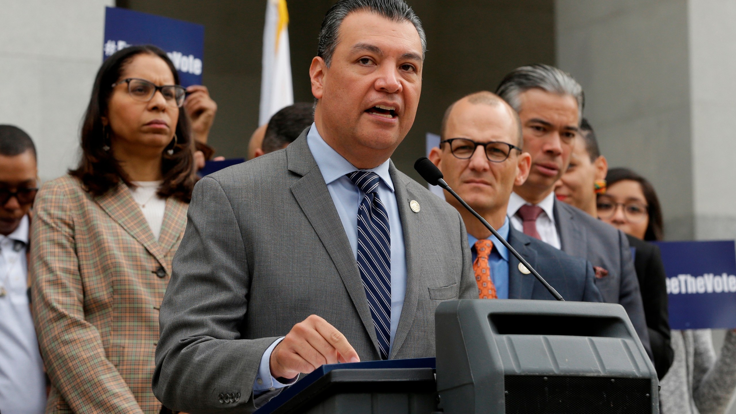 California Secretary of State Alex Padilla talks during a news conference at the Capitol in Sacramento on Jan. 28, 2019. (Rich Pedroncelli/Associated Press)