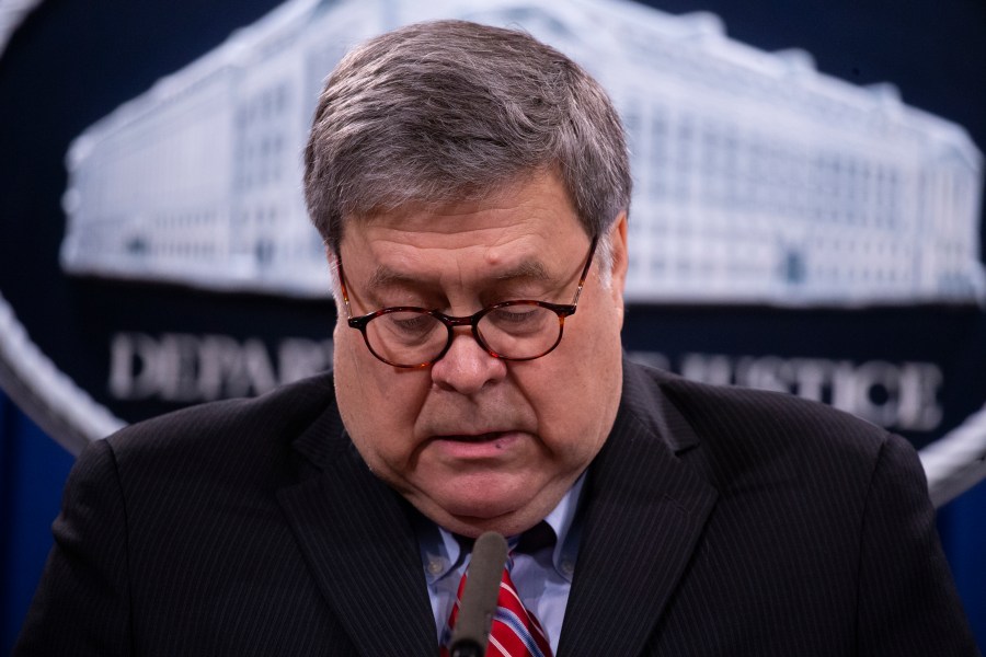 Attorney General William Barr speaks during a news conference, Monday, Dec. 21, 2020 at the Justice Department in Washington. (Michael Reynolds/Pool via AP)