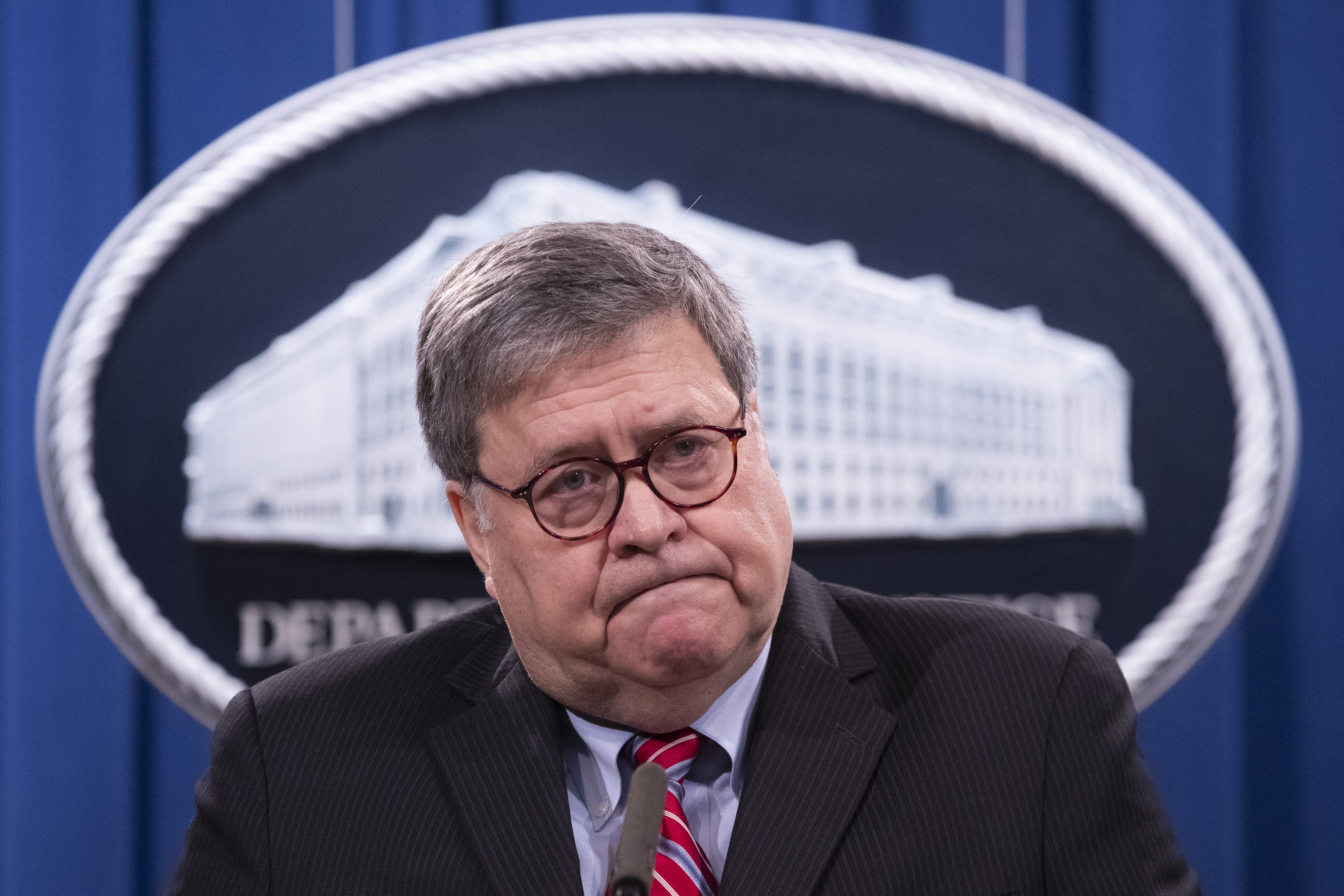 Attorney General William Barr speaks during a news conference at the Justice Department on Dec. 21, 2020. (Michael Reynolds/Pool via Associated Press)