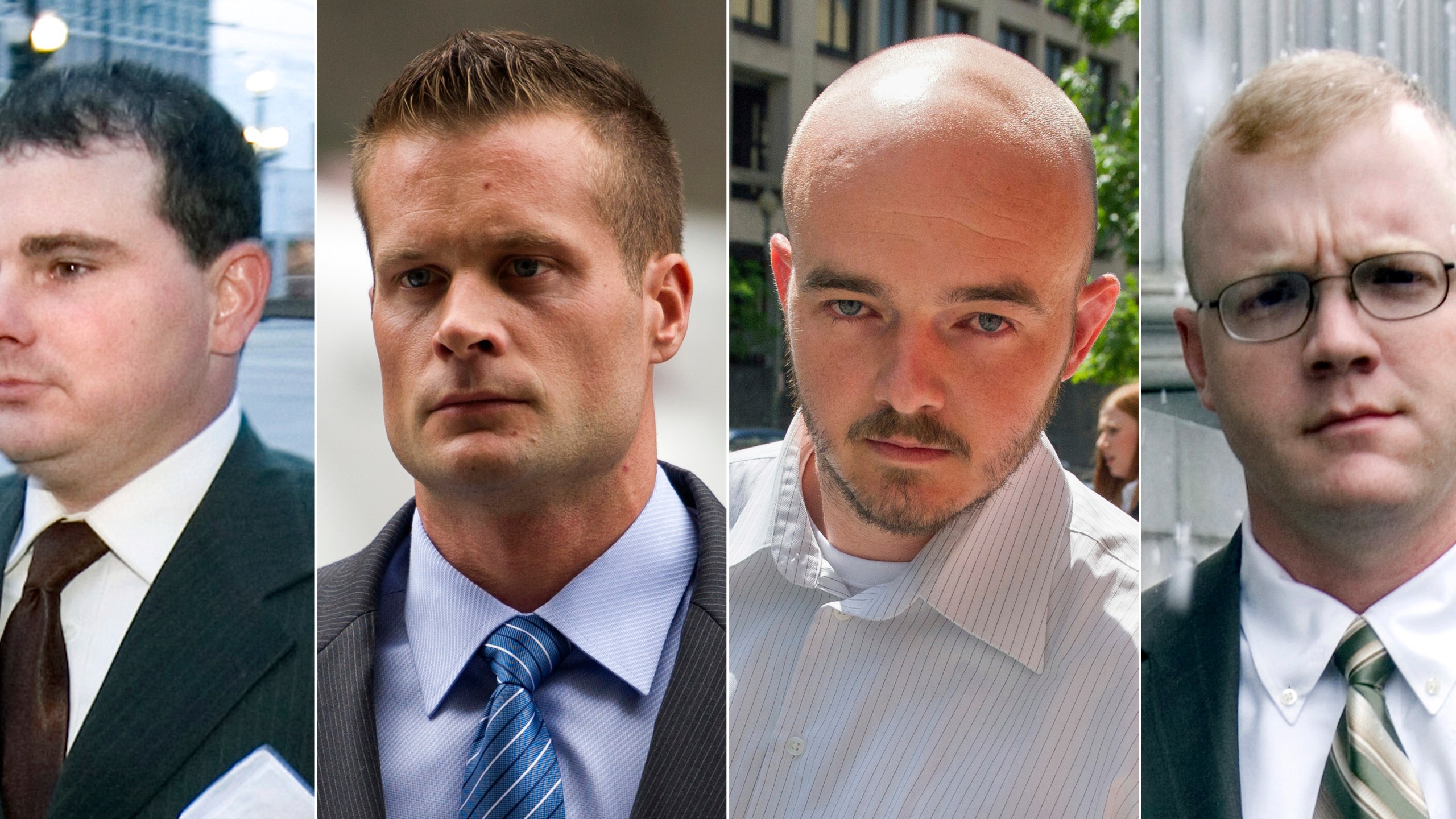 FILE - This combination made from file photo shows Blackwater guards, from left, Dustin Heard, Evan Liberty, Nicholas Slatten and Paul Slough. On Tuesday, Dec. 22, 2020, President Donald Trump pardoned 15 people, including Heard, Liberty, Slatten and Slough, the four former government contractors convicted in a 2007 massacre in Baghdad that left more a dozen Iraqi civilians dead and caused an international uproar over the use of private security guards in a war zone. (AP Photo/File)