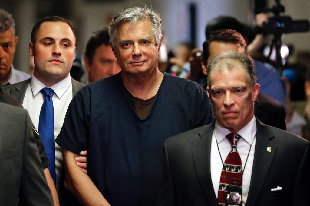 In this Thursday, June 27, 2019 file photo, Paul Manafort arrives in court in New York. President Trump's former campaign manager is to be arraigned on state mortgage fraud charges. (AP Photo/Seth Wenig, File)