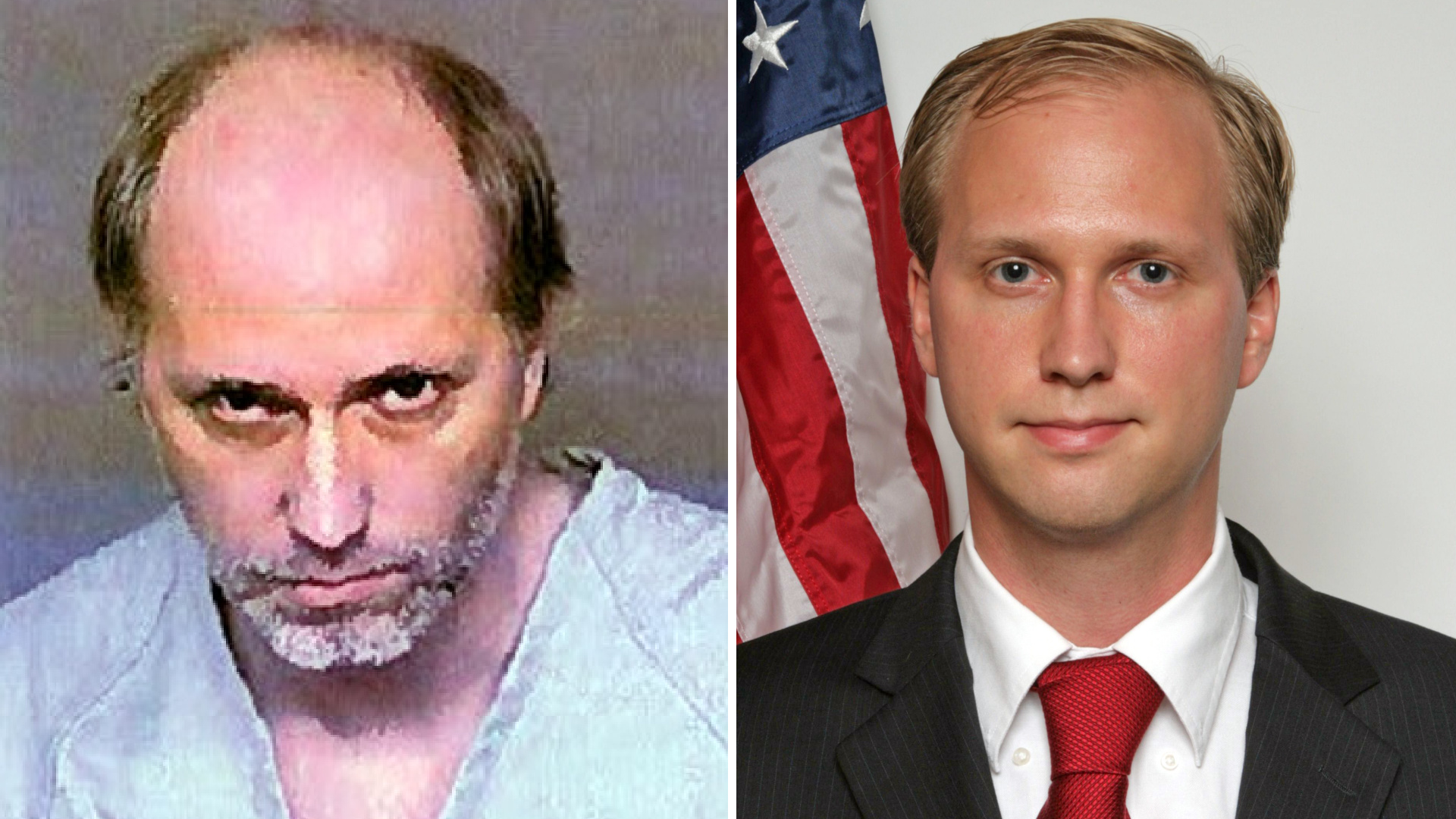 Nathan Larson is seen in a December 2020 booking photo from a Denver Jail. On the right, Larson is seen in a 2017 political campaign photo shared by the Fresno County Sheriff’s Office.