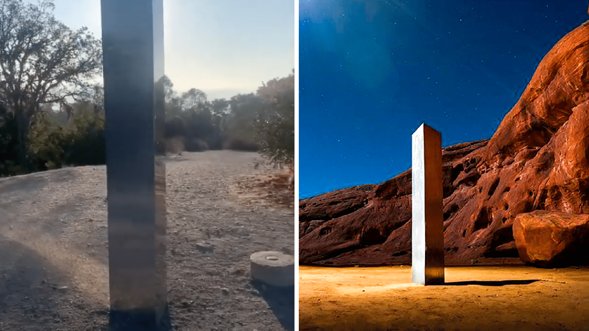 A monolith is seen in Atascadero, California on Dec. 2, 2020. (Gary Lyons via Storyful) On the right, a monolith is seen in southeastern Utah on Nov. 27, 2020. (Terrance Siemon via AP)