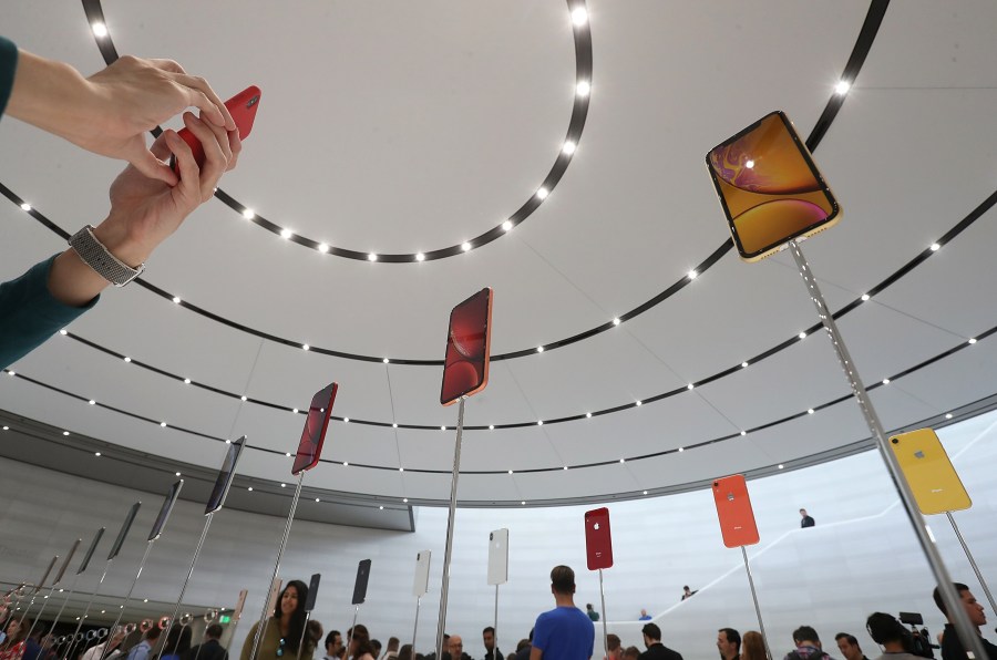 The new Apple iPhone XR is displayed during an Apple special event at the Steve Jobs Theatre on September 12, 2018 in Cupertino, California. (Justin Sullivan/Getty Images)