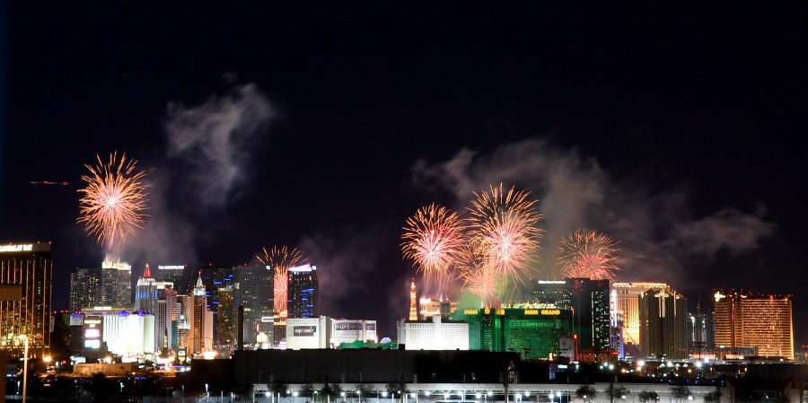 Fireworks illuminate the skyline over the Las Vegas Strip during an eight-minute-long pyrotechnics show put on by Fireworks by Grucci titled "America's Party" during a New Year's Eve celebration on January 1, 2019 in Las Vegas, Nevada. Photo by Ethan Miller/Getty Images)