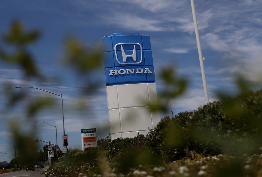 A sign with the Honda logo is posted in front of Marin Honda on July 25, 2019, in San Rafael, California. (Justin Sullivan/Getty Images)