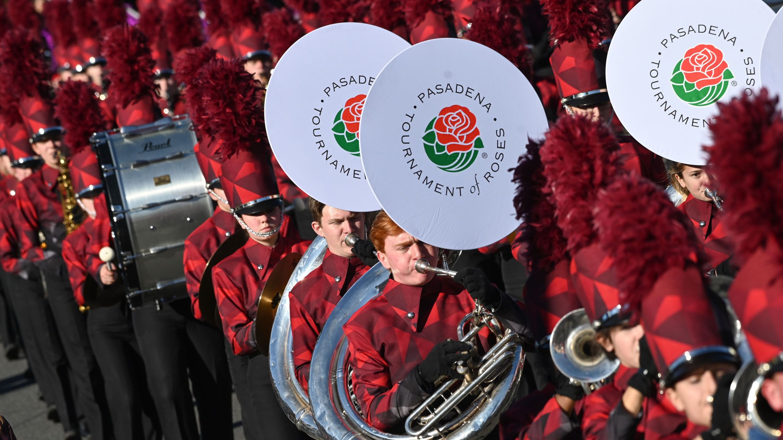 A marching band participates in the 131st Rose Parade in Pasadena, California, Jan. 1, 2020. (ROBYN BECK/AFP via Getty Images)