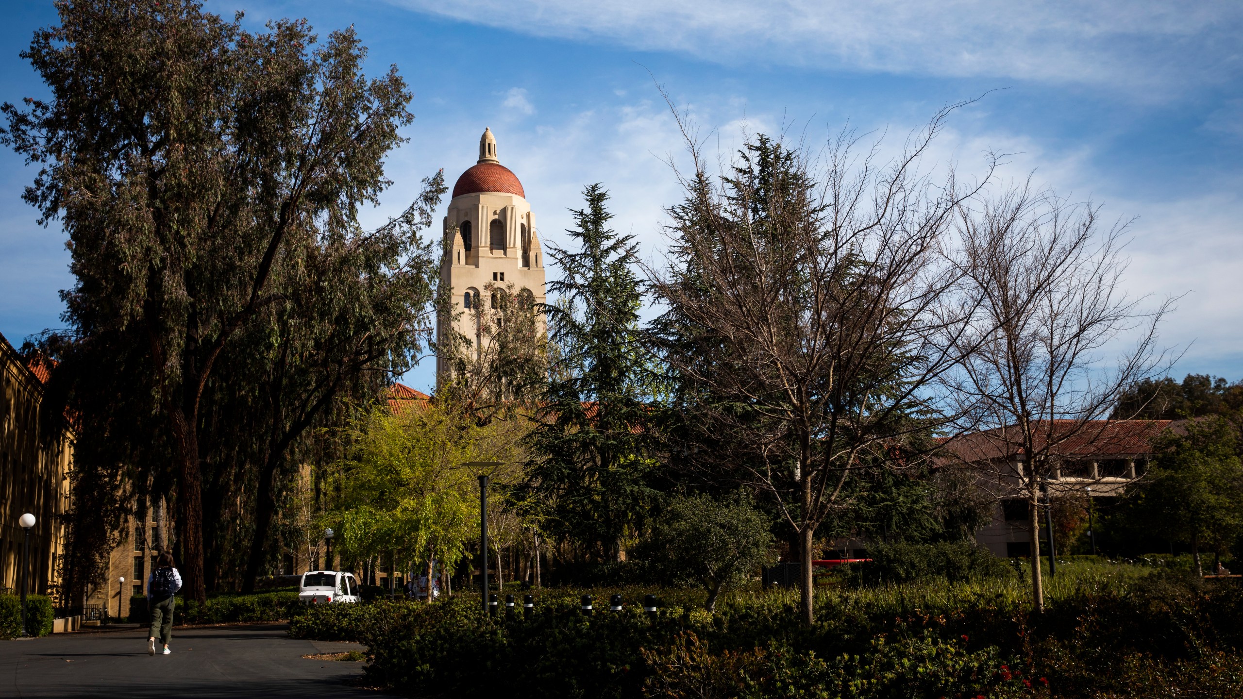 Hoover Tower looms during a quiet morning at Stanford University on March 9, 2020 in Stanford, California. (Philip Pacheco/Getty Images)