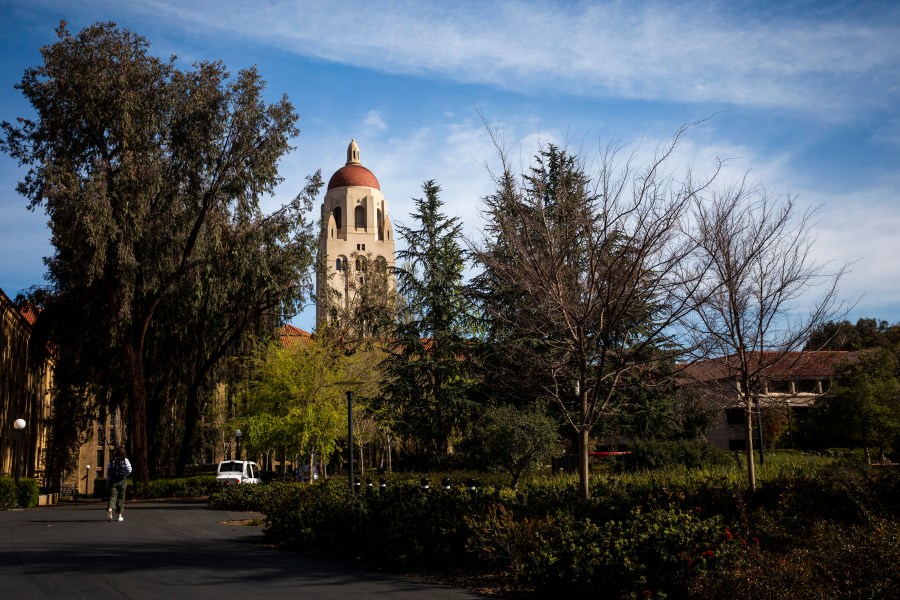 Hoover Tower looms during a quiet morning at Stanford University on March 9, 2020 in Stanford, California. (Philip Pacheco/Getty Images)