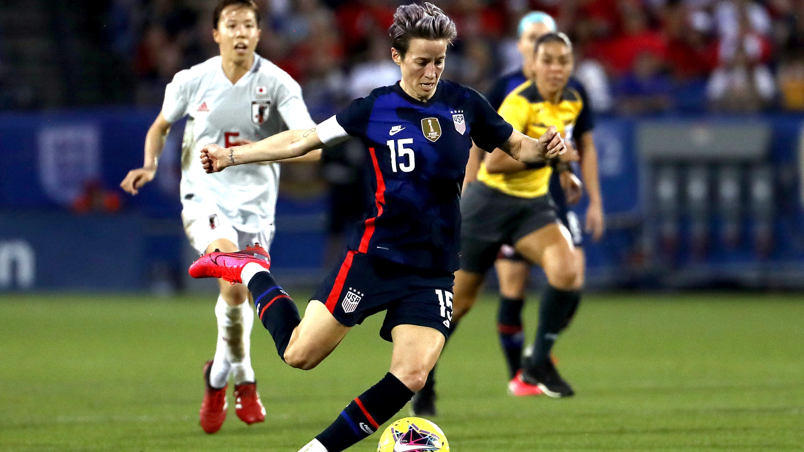 Megan Rapinoe #15 of the United States controls the ball against Japan during the first half of the 2020 SheBelieves Cup at Toyota Stadium on March 11, 2020 in Frisco, Texas. (Ronald Martinez/Getty Images)