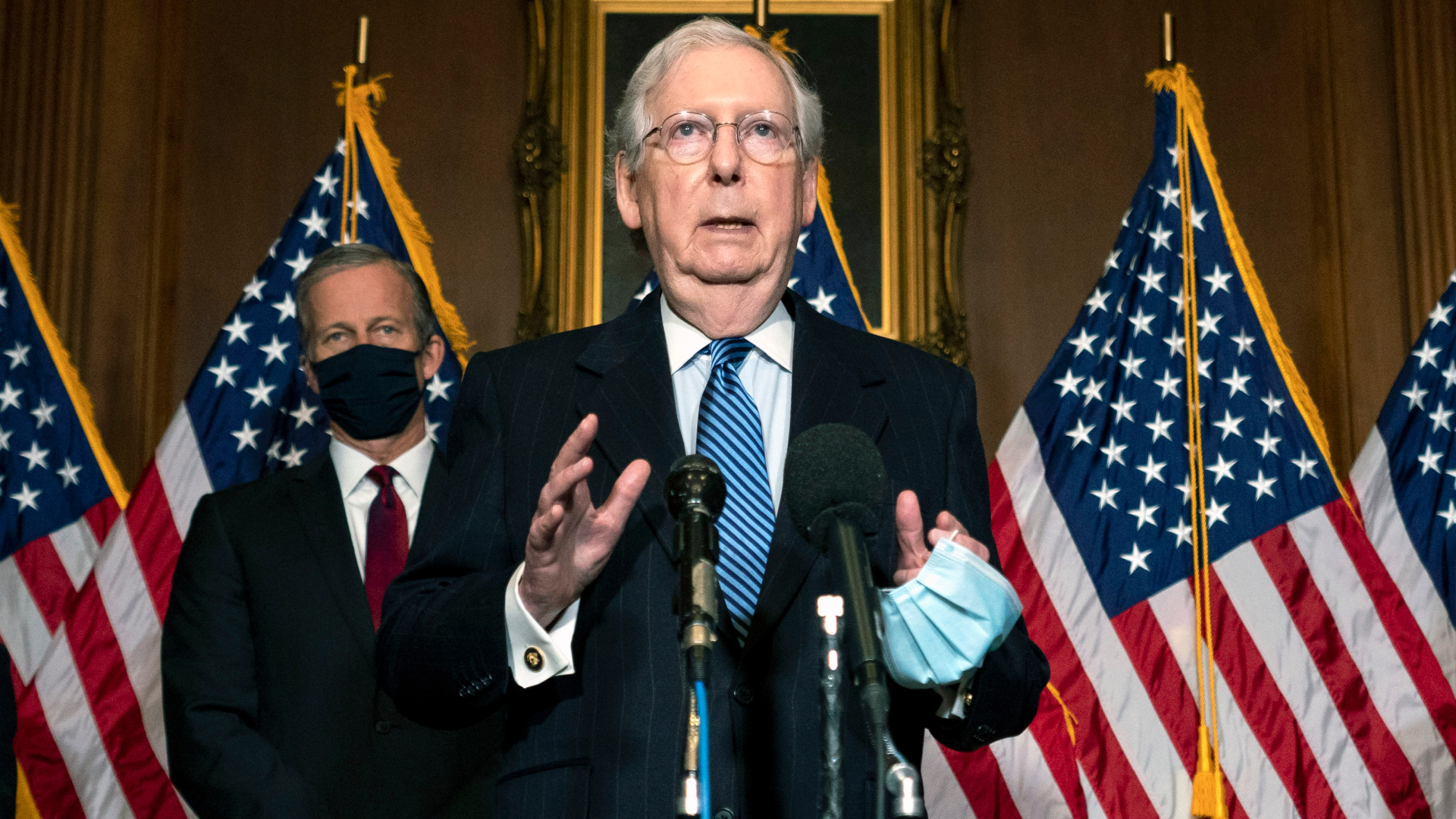 Republican Senate Majority Leader Mitch McConnell speaks to the media after the Republican's weekly Senate luncheon in the U.S. Capitol on Dec. 8, 2020. (Kevin Dietsch / Getty Images)