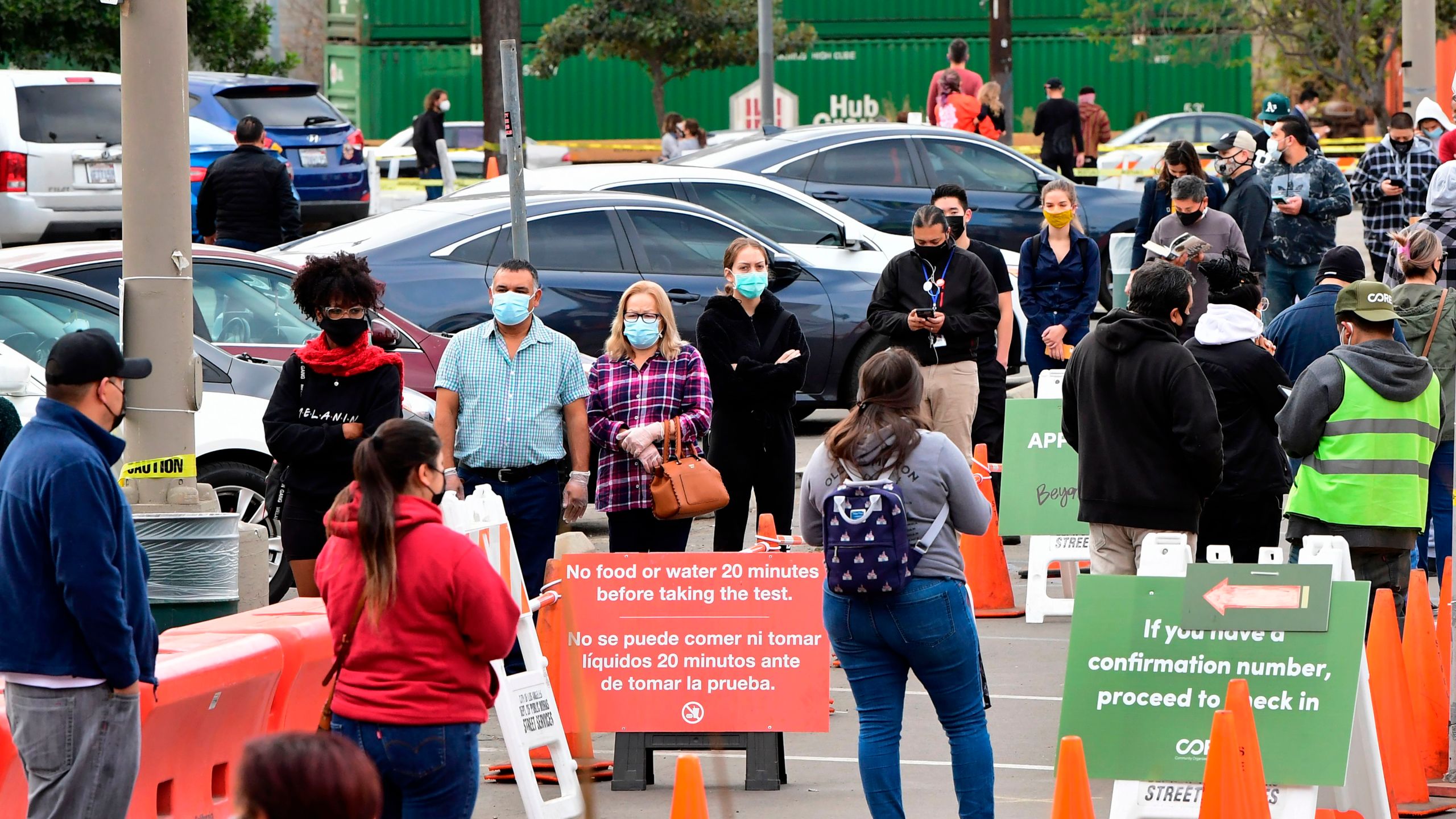 People wait in line at a Covid-19 testing center despite the Stay-At-Home regulation underway in Los Angeles, California on December 8, 2020. (Frederic J. Brown/AFP via Getty Images)