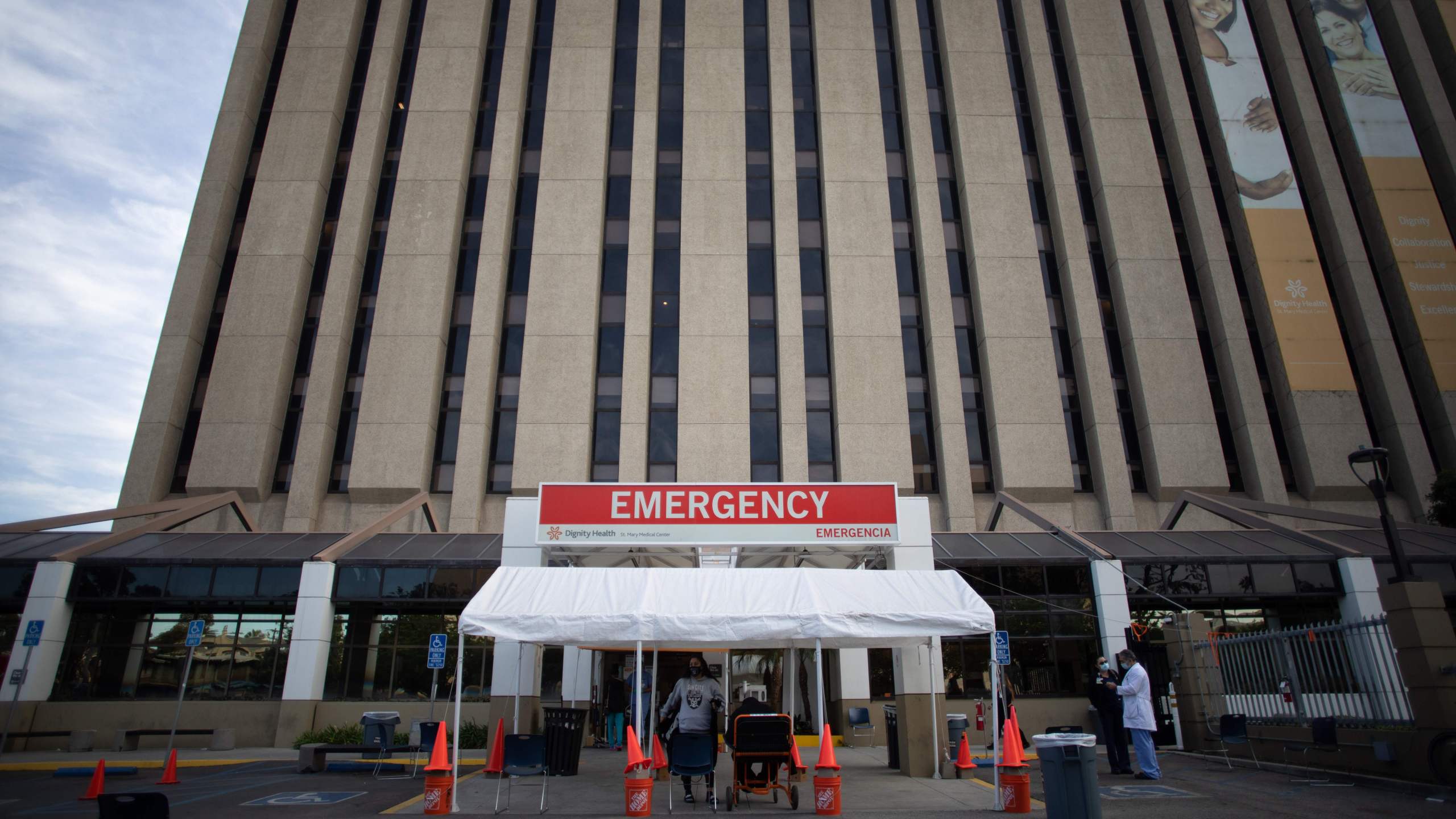 A tent is placed outside the Dignity Health - St. Mary Medical Center building to be used as a triage area for patients with Covid-19 symptoms in Long Beach, California, on Dec. 17, 2020. (APU GOMES/AFP via Getty Images)